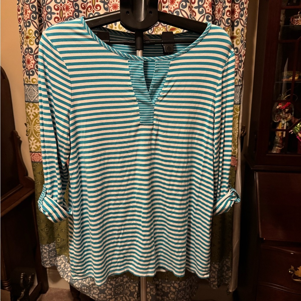Chico's Teal and White Striped Blouse